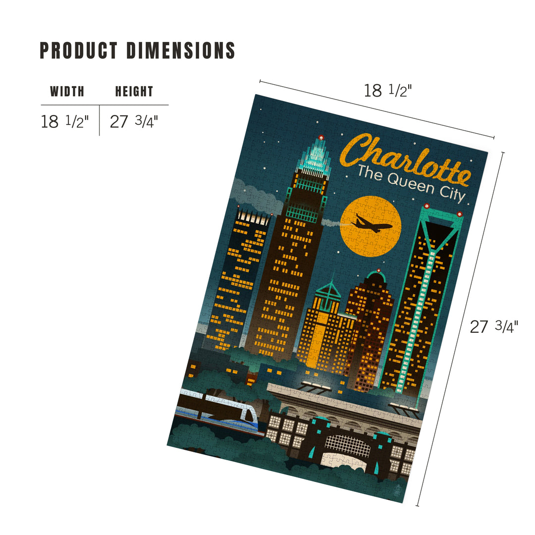 Charlotte, North Carolina, Retro Skyline, Jigsaw Puzzle Puzzle Lantern Press 