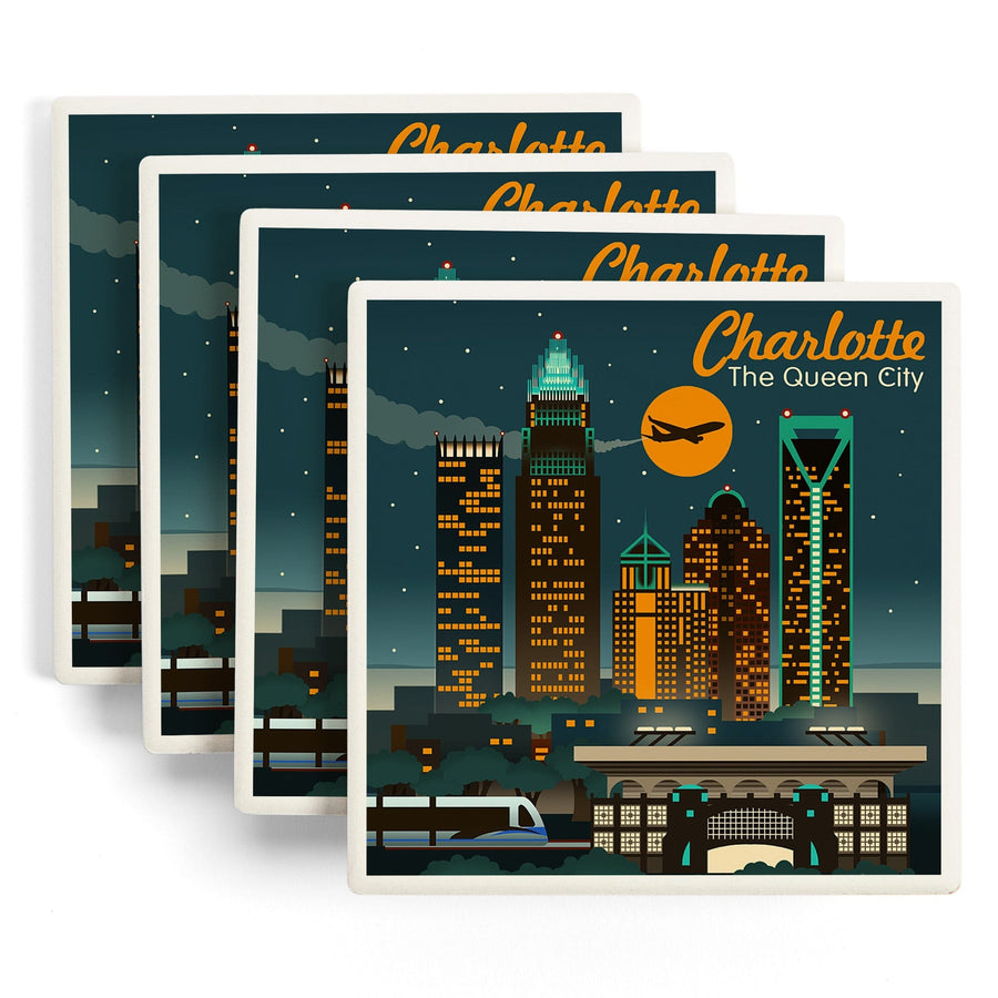 Charlotte, North Carolina, Retro Skyline, Lantern Press Artwork, Coaster Set - Lantern Press