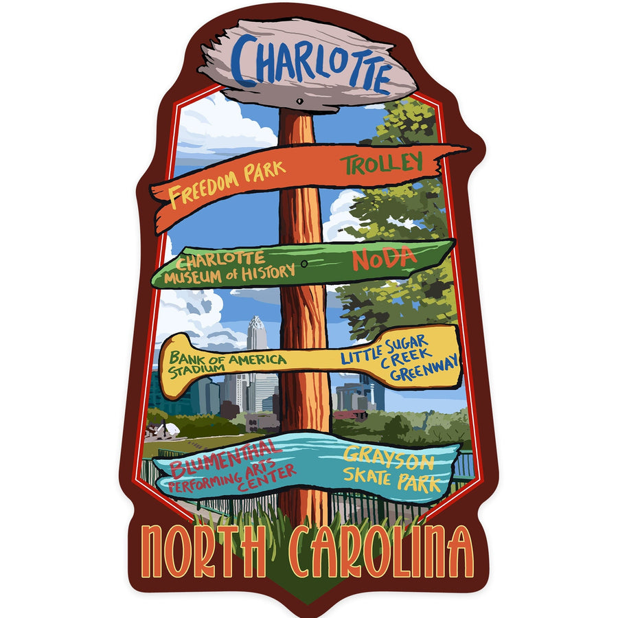 Charlotte, North Carolina, Signpost Destinations, Contour, Lantern Press Artwork, Vinyl Sticker Sticker Lantern Press 