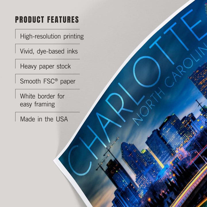 Charlotte, North Carolina, Skyline at Night, Art & Giclee Prints - Lantern Press