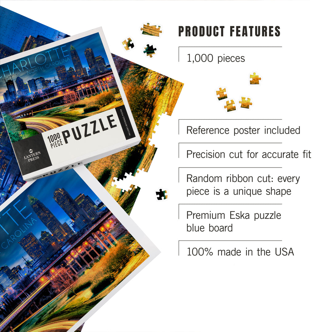 Charlotte, North Carolina, Skyline at Night, Jigsaw Puzzle Puzzle Lantern Press 