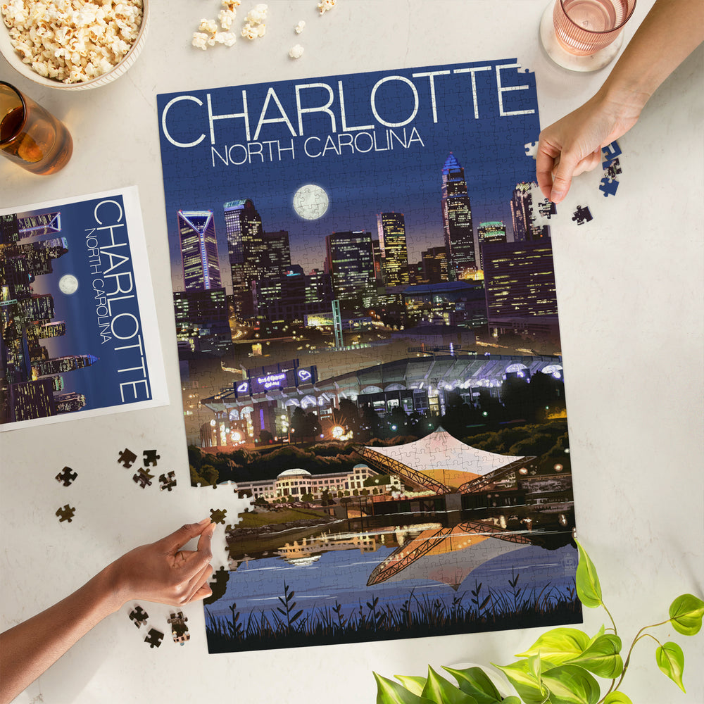 Charlotte, North Carolina, Skyline at Night, Jigsaw Puzzle Puzzle Lantern Press 