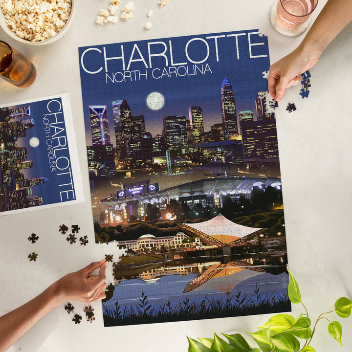 Charlotte, North Carolina, Skyline at Night, Jigsaw Puzzle Puzzle Lantern Press 
