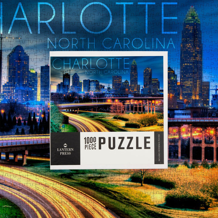 Charlotte, North Carolina, Skyline at Night, Jigsaw Puzzle Puzzle Lantern Press 