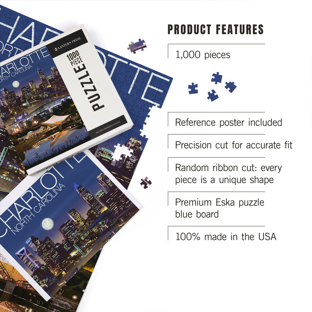 Charlotte, North Carolina, Skyline at Night, Jigsaw Puzzle Puzzle Lantern Press 
