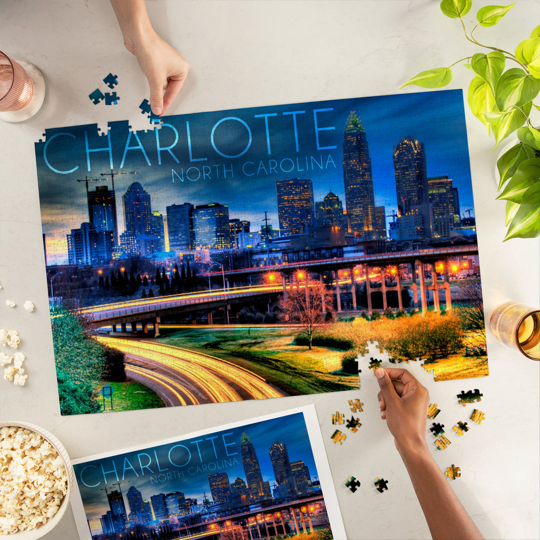 Charlotte, North Carolina, Skyline at Night, Jigsaw Puzzle Puzzle Lantern Press 