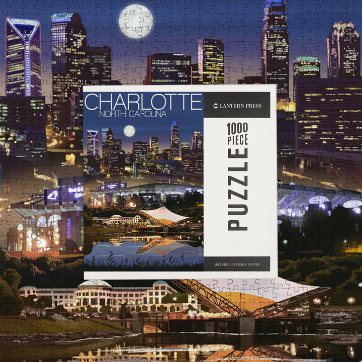 Charlotte, North Carolina, Skyline at Night, Jigsaw Puzzle Puzzle Lantern Press 
