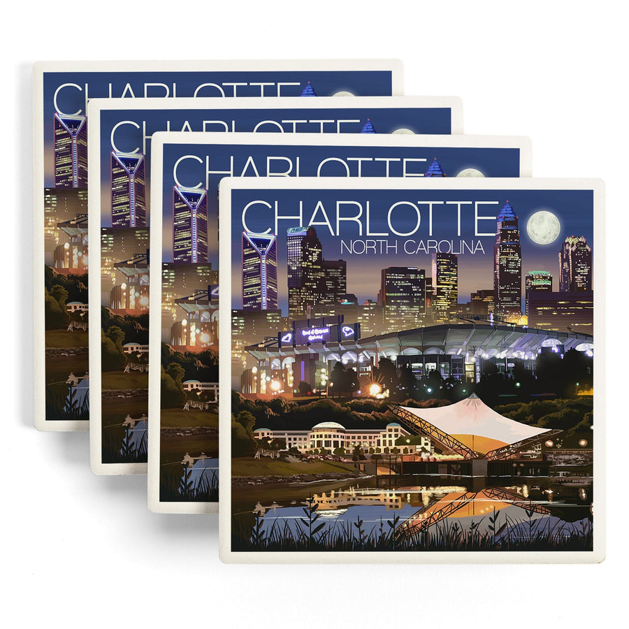 Charlotte, North Carolina, Skyline at Night, Lantern Press Artwork, Coaster Set - Lantern Press