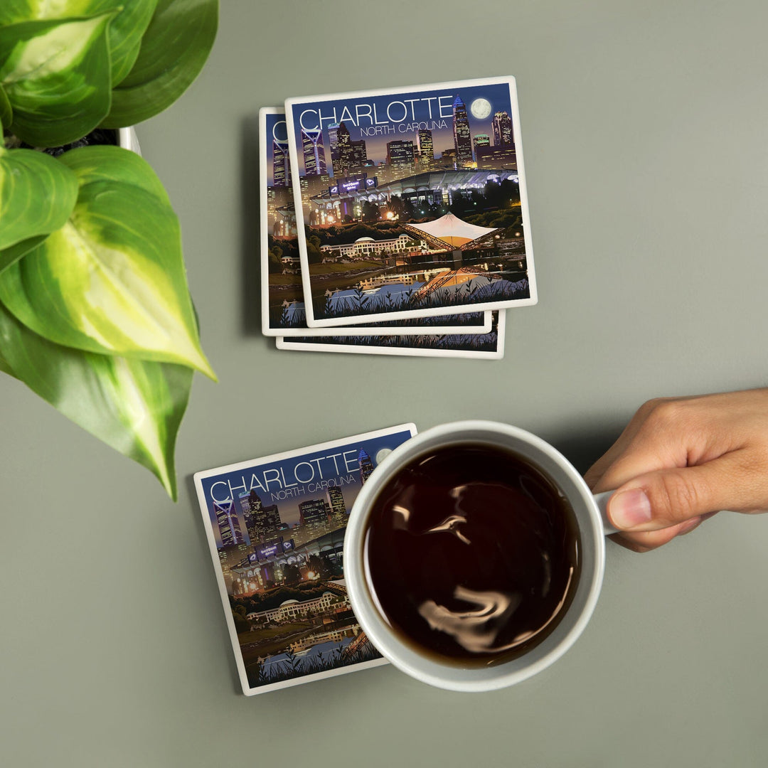 Charlotte, North Carolina, Skyline at Night, Lantern Press Artwork, Coaster Set - Lantern Press