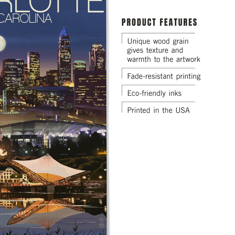 Charlotte, North Carolina, Skyline at Night, Lantern Press Artwork, Wood Signs and Postcards - Lantern Press