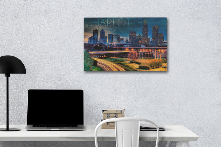 Charlotte, North Carolina, Skyline at Night, Lantern Press Photography, Wood Signs and Postcards - Lantern Press