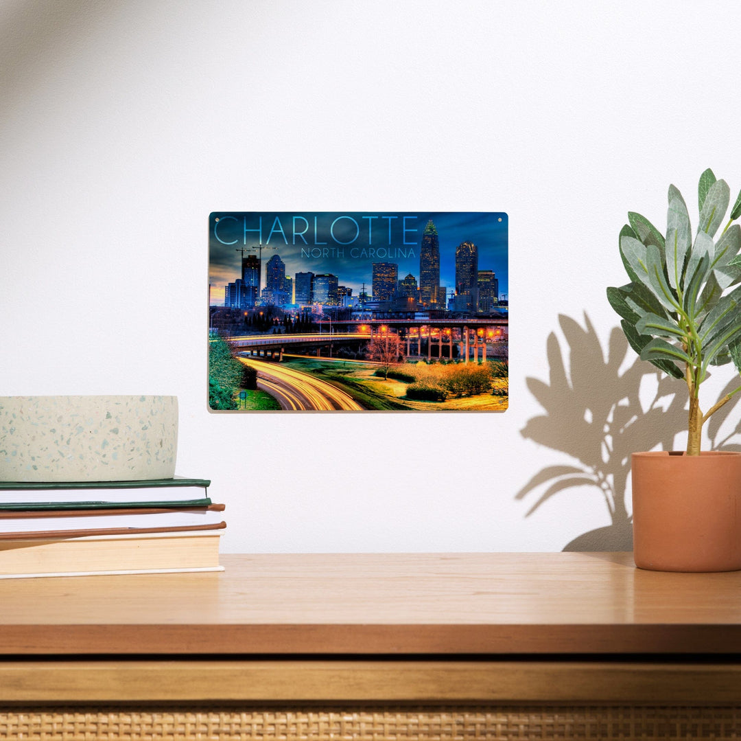 Charlotte, North Carolina, Skyline at Night, Lantern Press Photography, Wood Signs and Postcards - Lantern Press