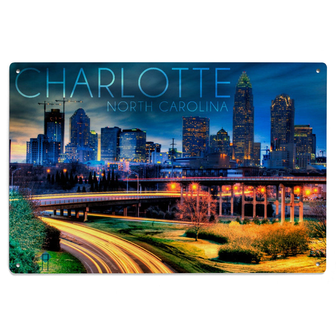 Charlotte, North Carolina, Skyline at Night, Lantern Press Photography, Wood Signs and Postcards - Lantern Press