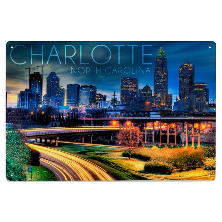 Charlotte, North Carolina, Skyline at Night, Lantern Press Photography, Wood Signs and Postcards - Lantern Press