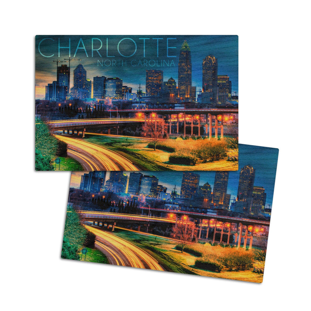 Charlotte, North Carolina, Skyline at Night, Lantern Press Photography, Wood Signs and Postcards - Lantern Press