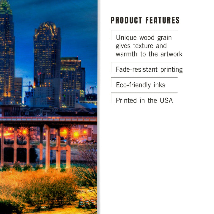 Charlotte, North Carolina, Skyline at Night, Lantern Press Photography, Wood Signs and Postcards - Lantern Press