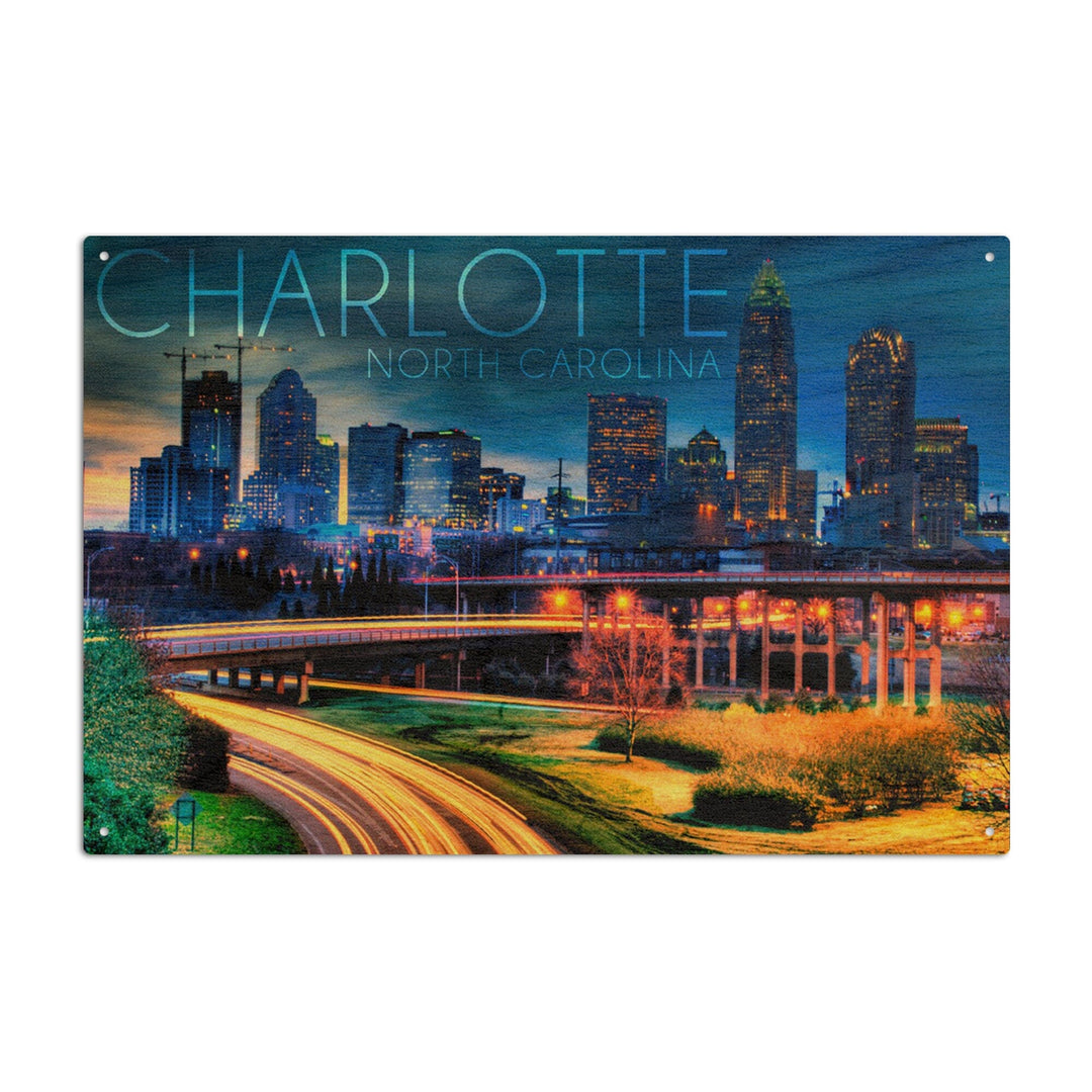 Charlotte, North Carolina, Skyline at Night, Lantern Press Photography, Wood Signs and Postcards - Lantern Press