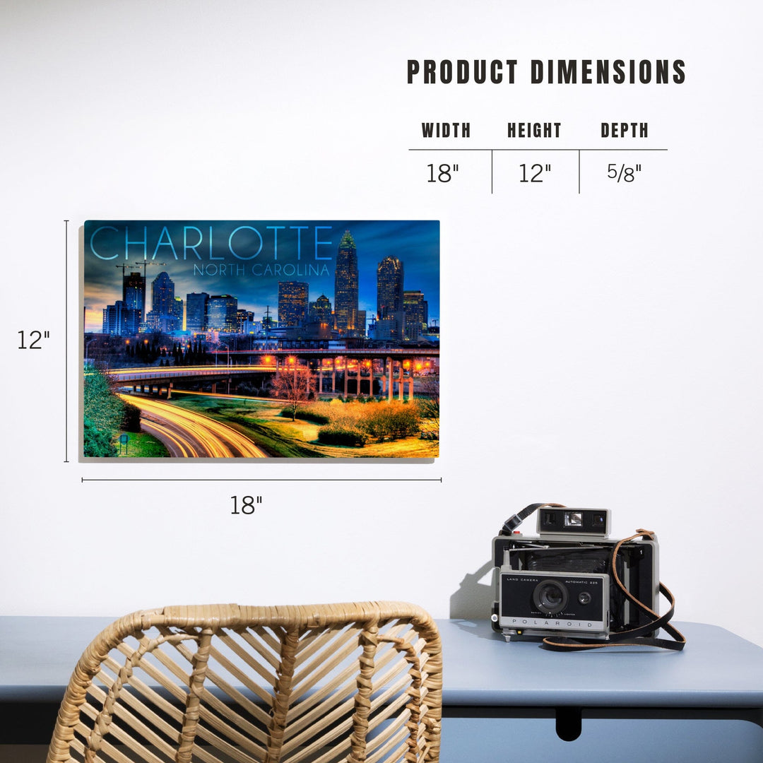 Charlotte, North Carolina, Skyline at Night, Lantern Press Photography, Wood Signs and Postcards - Lantern Press