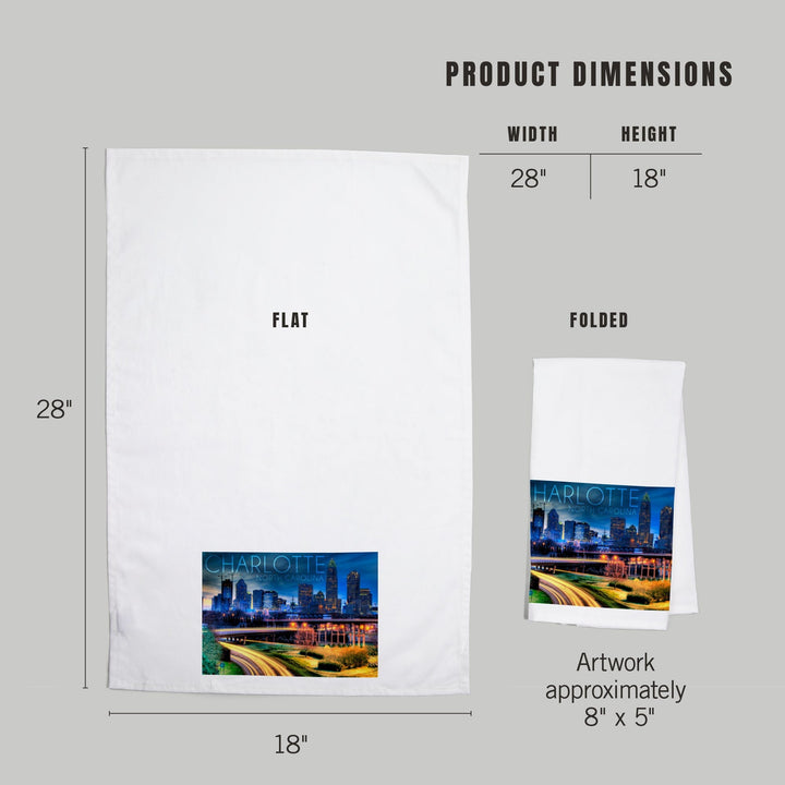Charlotte, North Carolina, Skyline at Night, Organic Cotton Kitchen Tea Towels Kitchen Lantern Press 