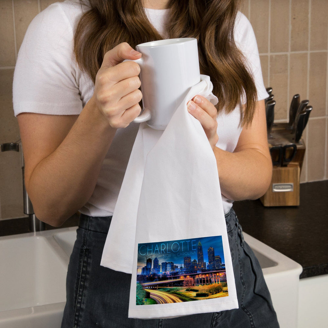 Charlotte, North Carolina, Skyline at Night, Organic Cotton Kitchen Tea Towels Kitchen Lantern Press 