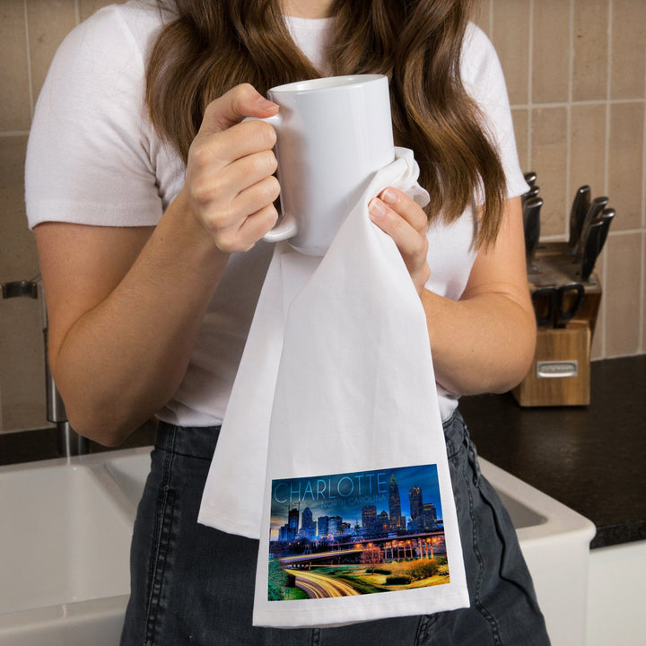 Charlotte, North Carolina, Skyline at Night, Organic Cotton Kitchen Tea Towels Kitchen Lantern Press 