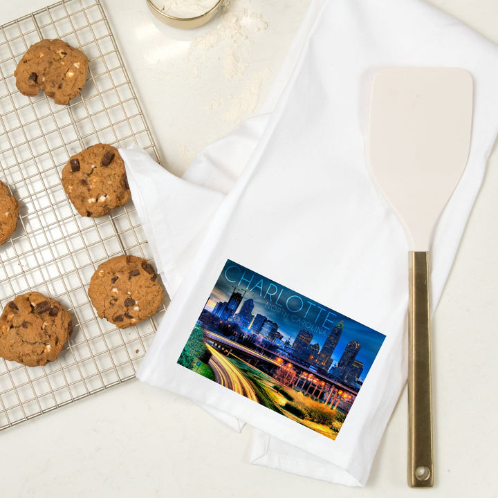 Charlotte, North Carolina, Skyline at Night, Organic Cotton Kitchen Tea Towels Kitchen Lantern Press 