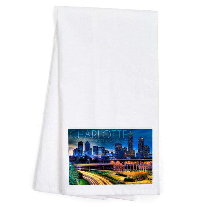 Charlotte, North Carolina, Skyline at Night, Organic Cotton Kitchen Tea Towels Kitchen Lantern Press 