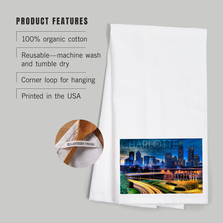 Charlotte, North Carolina, Skyline at Night, Organic Cotton Kitchen Tea Towels Kitchen Lantern Press 