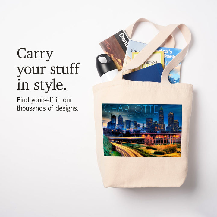 Charlotte, North Carolina, Skyline at Night, Tote Bag Totes Lantern Press 