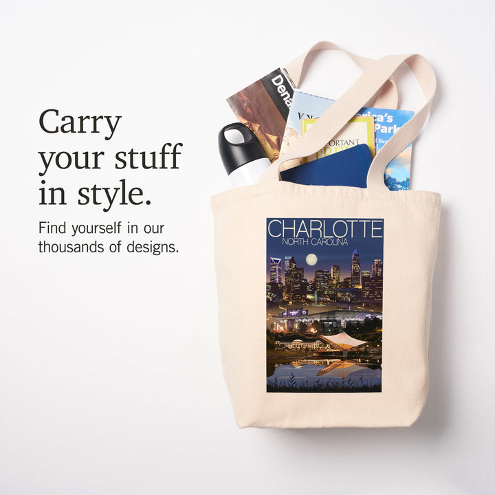Charlotte, North Carolina, Skyline at Night, Tote Bag Totes Lantern Press 