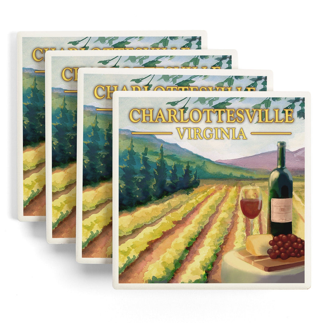 Charlottesville, Virginia, Wine Country, Vineyard Scene, Lantern Press Artwork, Coaster Set - Lantern Press