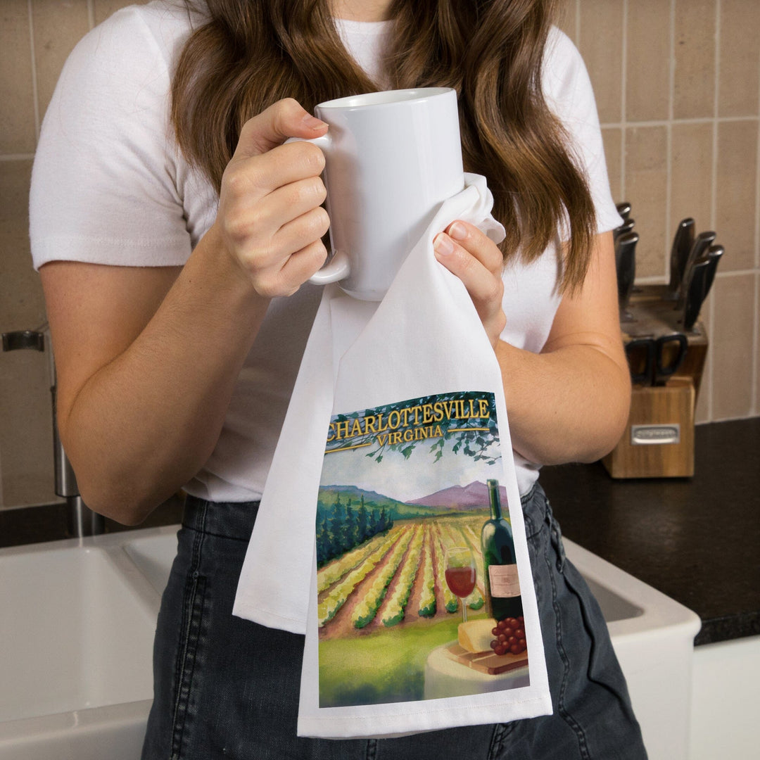 Charlottesville, Virginia, Wine Country, Vineyard Scene, Organic Cotton Kitchen Tea Towels - Lantern Press