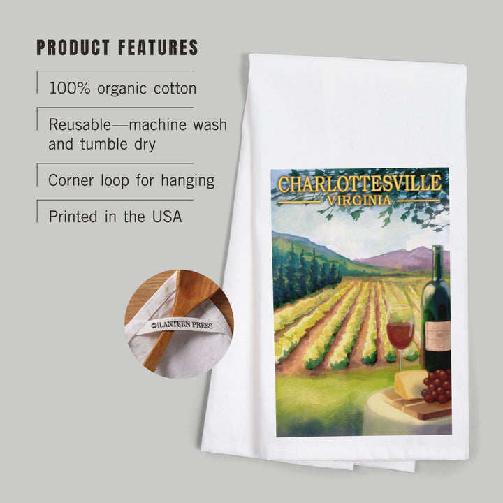 Charlottesville, Virginia, Wine Country, Vineyard Scene, Organic Cotton Kitchen Tea Towels Kitchen Lantern Press 