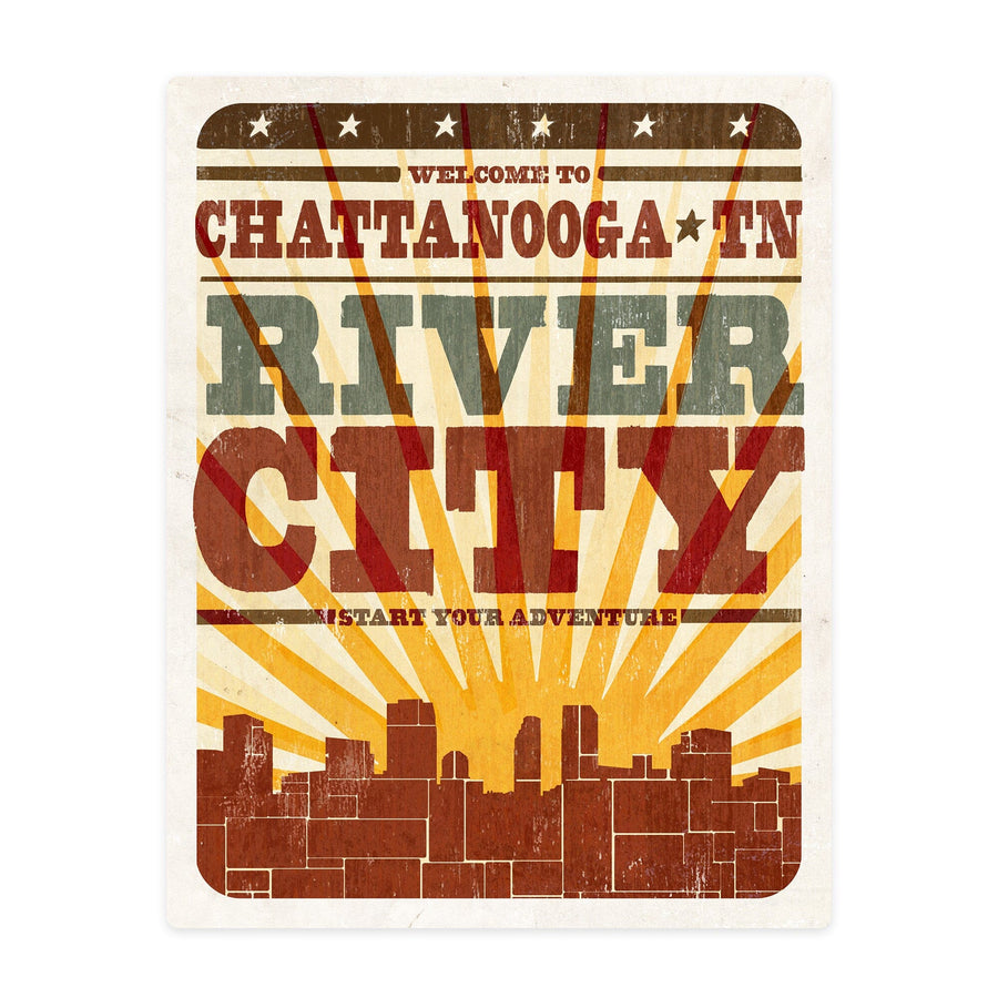 Chattanooga, Tennessee, City and Sunburst, Screenprint, Contour, Lantern Press Artwork, Vinyl Sticker Sticker Lantern Press 