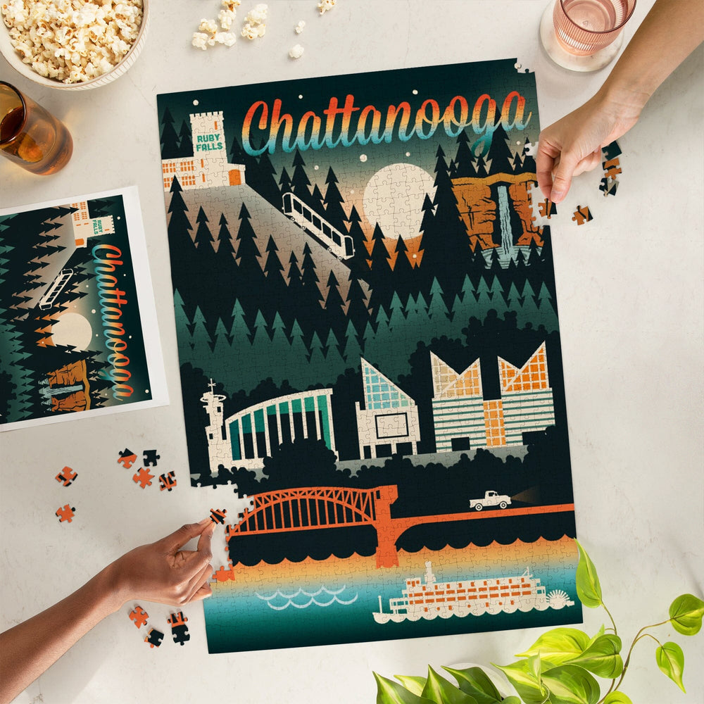 Chattanooga, Tennessee, Retro Skyline Chromatic Series, Jigsaw Puzzle Puzzle Lantern Press 