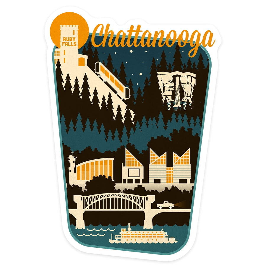 Chattanooga, Tennessee, Retro Skyline, Contour, Lantern Press Artwork, Vinyl Sticker Sticker Lantern Press 