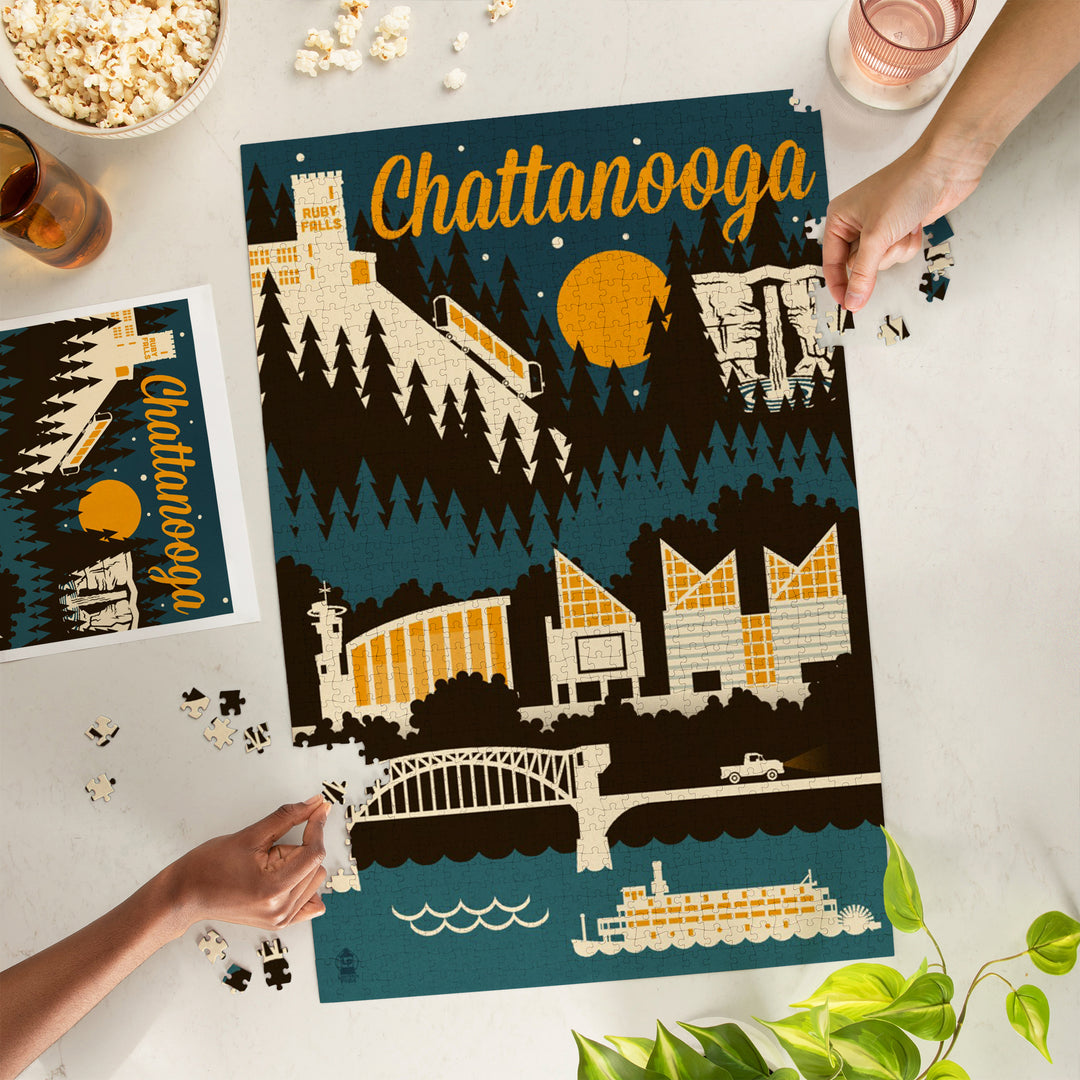 Chattanooga, Tennessee, Retro Skyline, Jigsaw Puzzle Puzzle Lantern Press 
