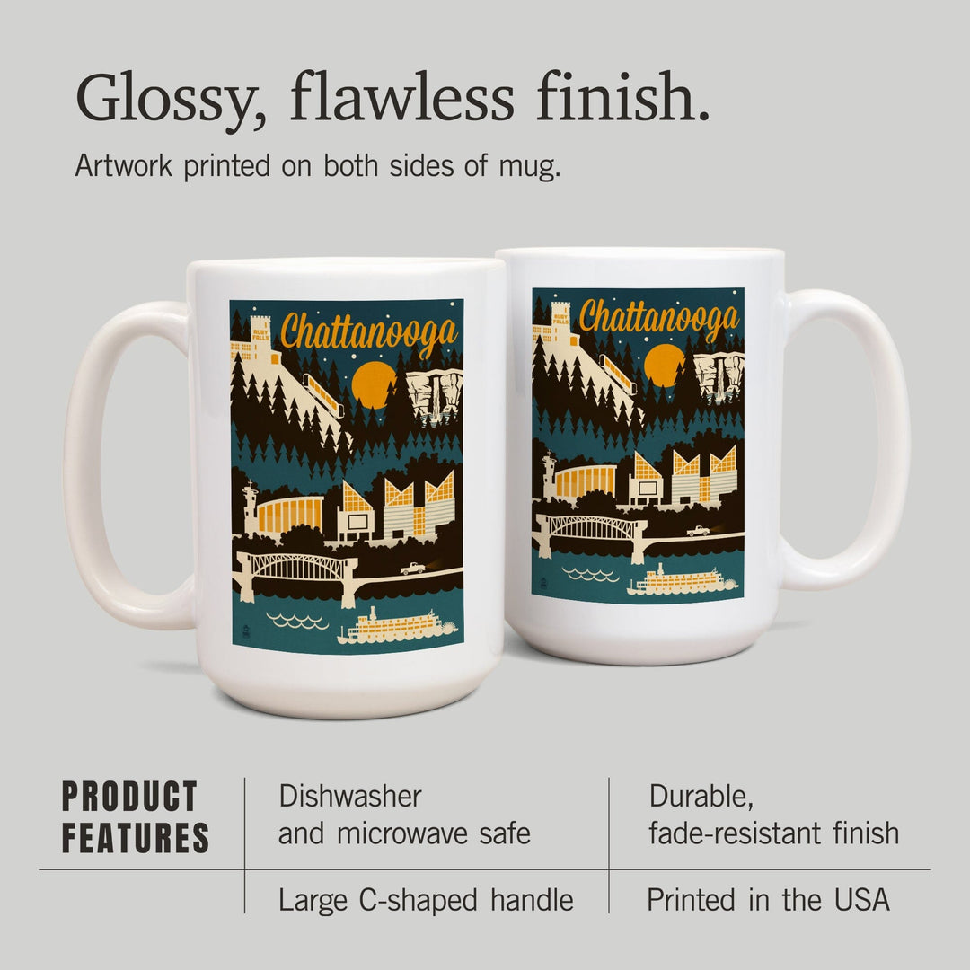 Chattanooga, Tennessee, Retro Skyline, Lantern Press Artwork, Ceramic Mug - Lantern Press