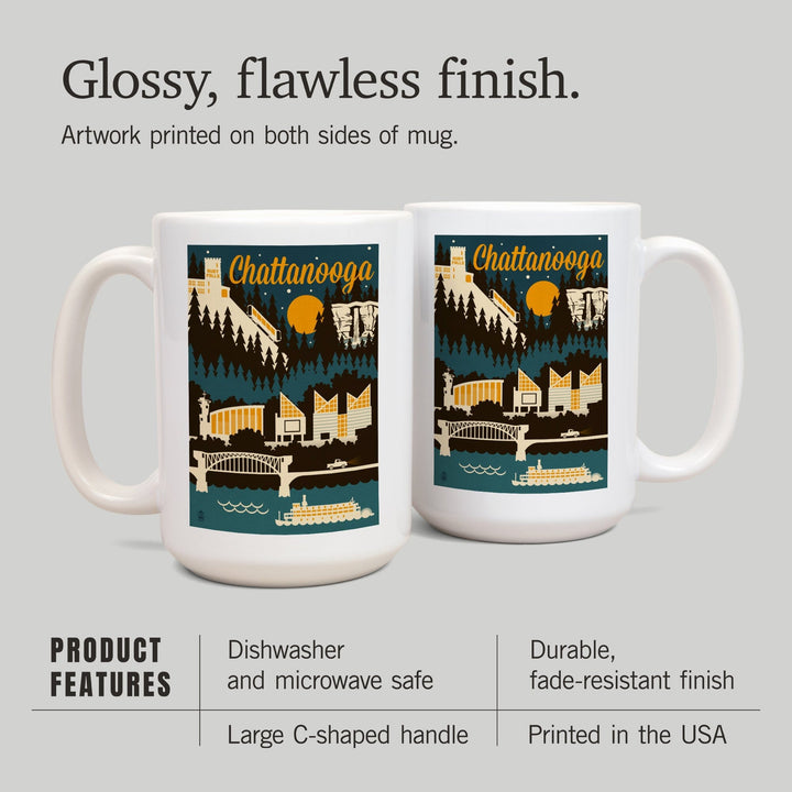 Chattanooga, Tennessee, Retro Skyline, Lantern Press Artwork, Ceramic Mug - Lantern Press
