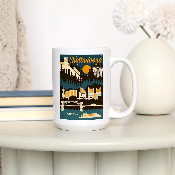 Chattanooga, Tennessee, Retro Skyline, Lantern Press Artwork, Ceramic Mug - Lantern Press