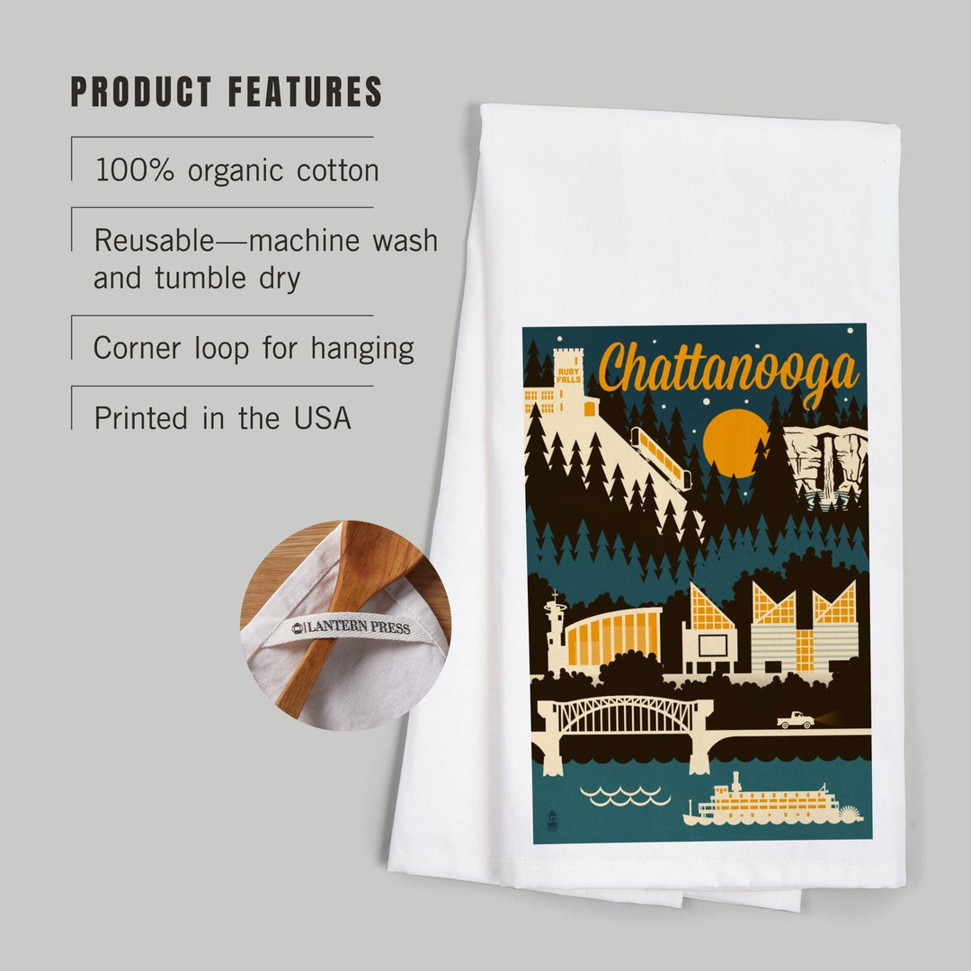 Chattanooga, Tennessee, Retro Skyline, Organic Cotton Kitchen Tea Towels Kitchen Lantern Press 