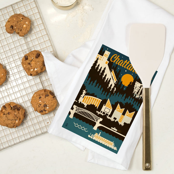 Chattanooga, Tennessee, Retro Skyline, Organic Cotton Kitchen Tea Towels Kitchen Lantern Press 