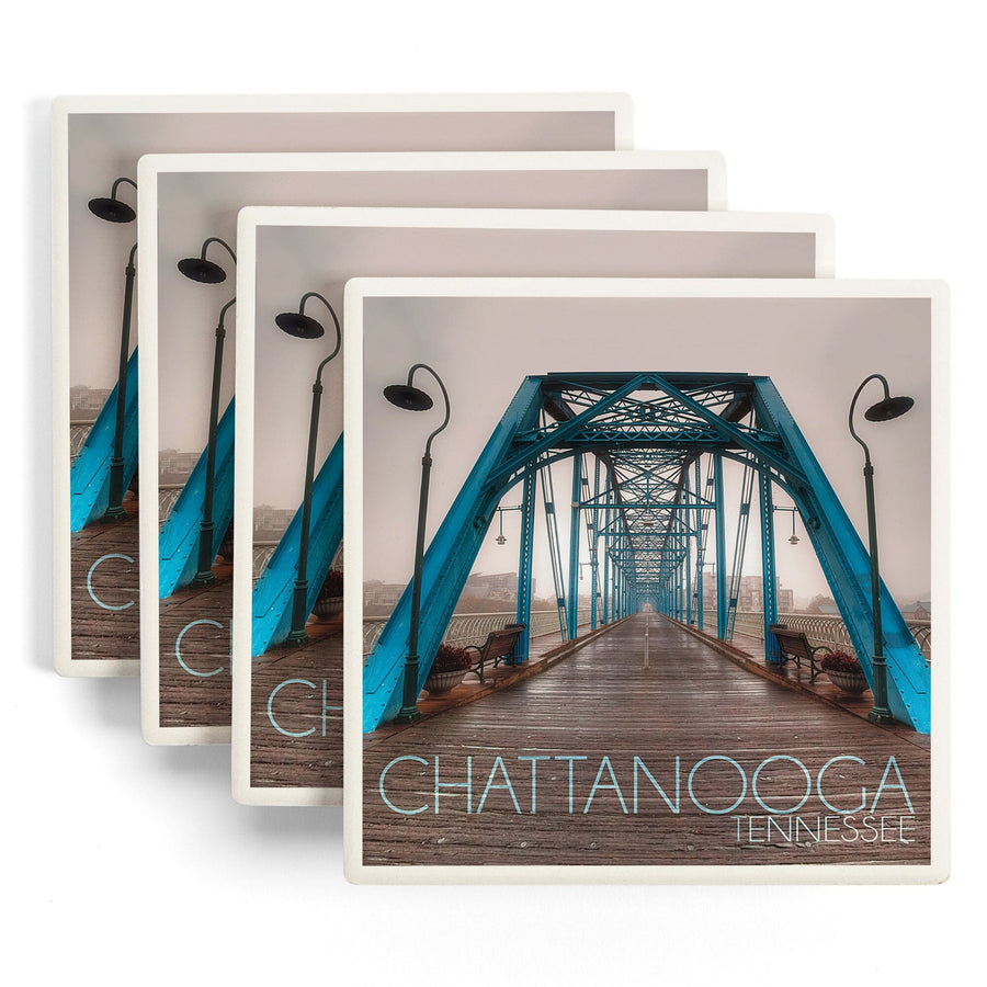 Chattanooga, Tennessee, Walnut Street Bridge in the Fog, Lantern Press Photography, Coaster Set - Lantern Press