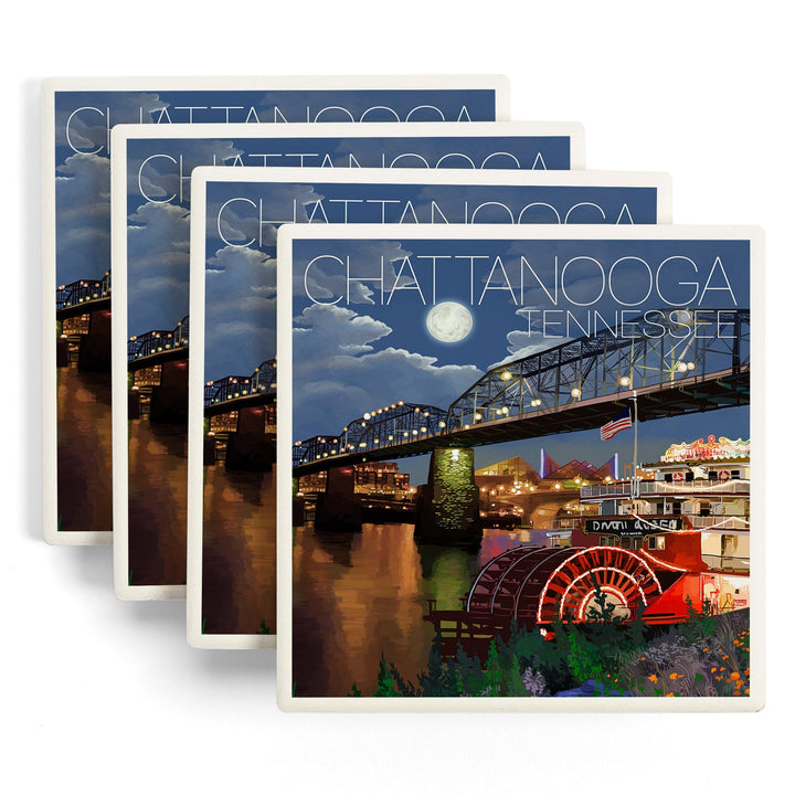 Chattanooga, Tennesseee, Skyline at Night, Lantern Press Artwork, Coaster Set - Lantern Press