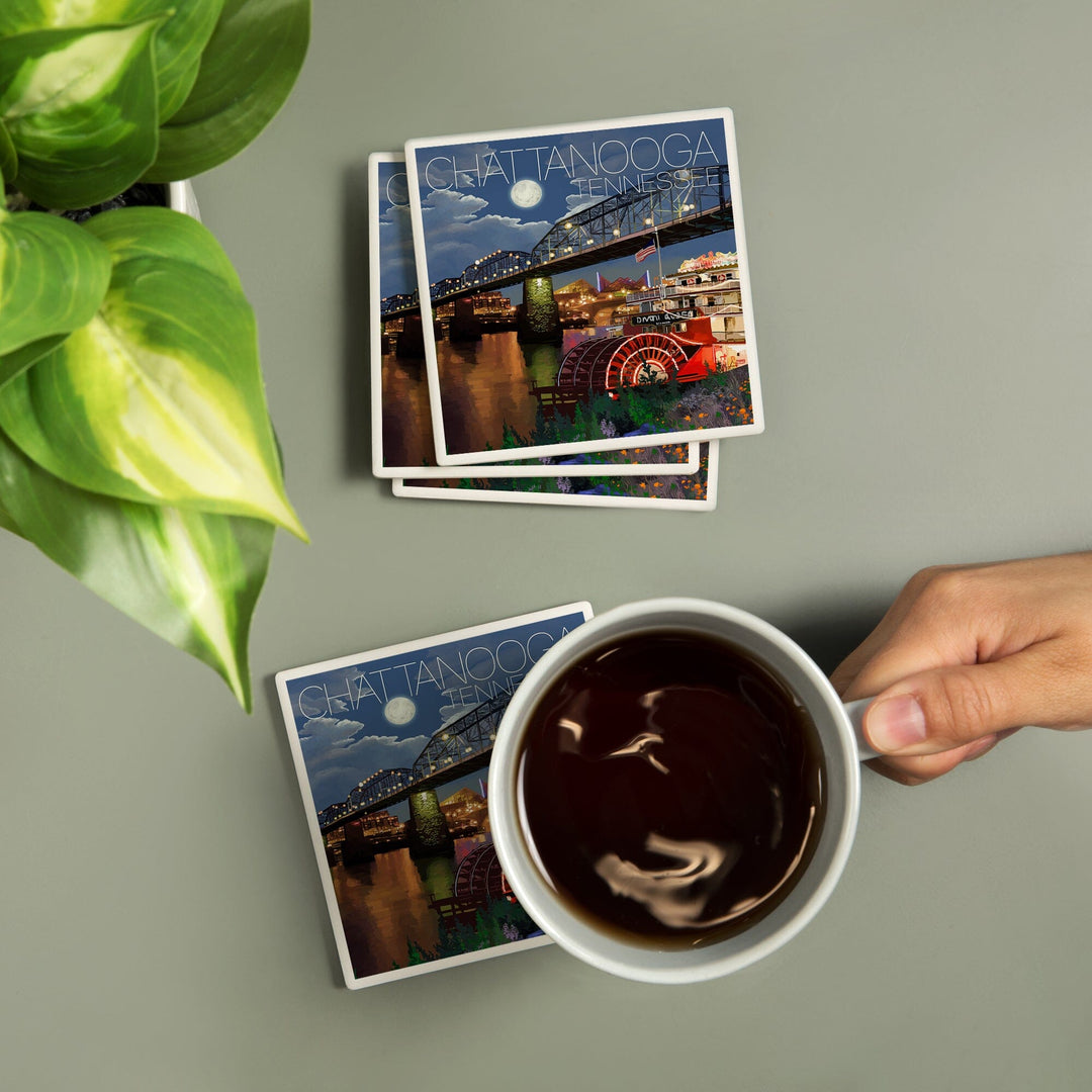 Chattanooga, Tennesseee, Skyline at Night, Lantern Press Artwork, Coaster Set - Lantern Press