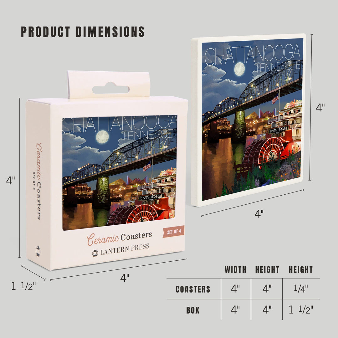 Chattanooga, Tennesseee, Skyline at Night, Lantern Press Artwork, Coaster Set - Lantern Press