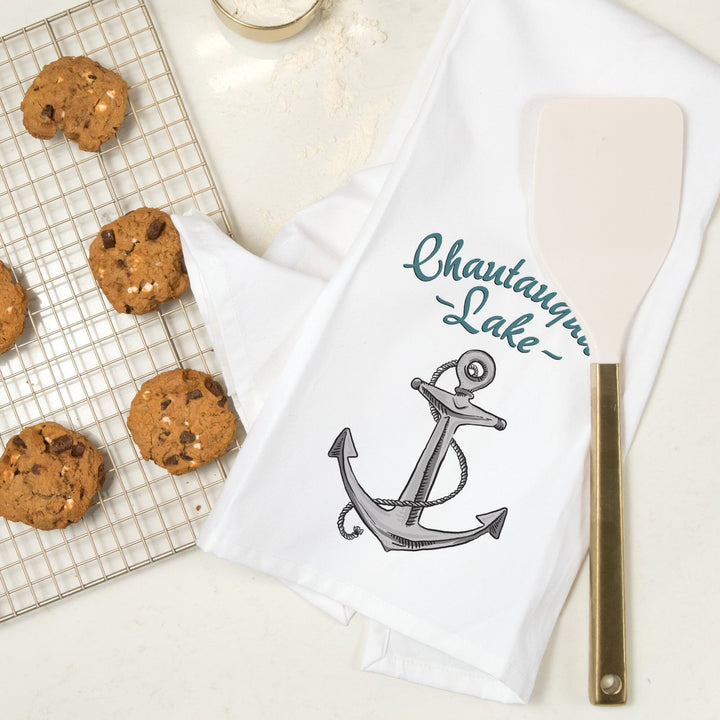 Chautauqua Lake, New York, Anchor Icon, Organic Cotton Kitchen Tea Towels Kitchen Lantern Press 