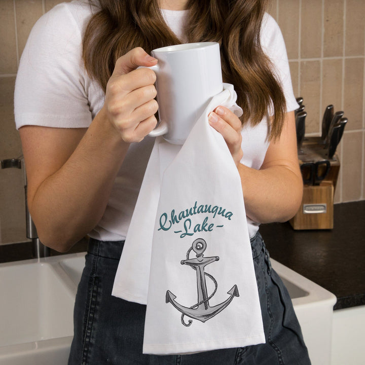 Chautauqua Lake, New York, Anchor Icon, Organic Cotton Kitchen Tea Towels Kitchen Lantern Press 