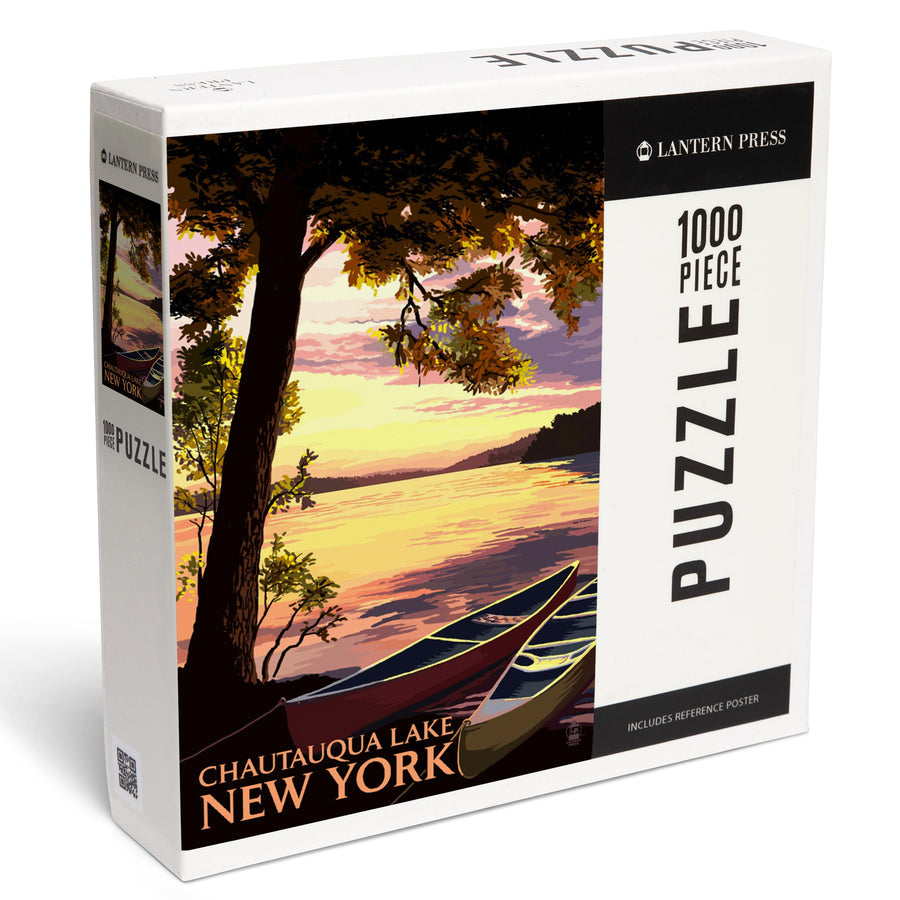 Chautauqua Lake, New York, Canoe and Lake at Sunset, Jigsaw Puzzle Puzzle Lantern Press 
