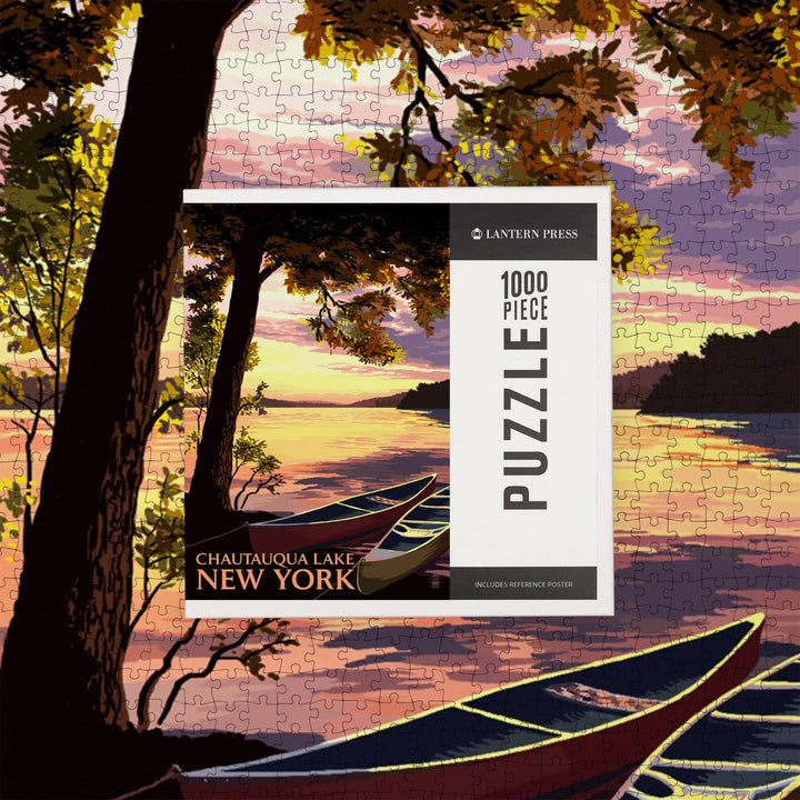 Chautauqua Lake, New York, Canoe and Lake at Sunset, Jigsaw Puzzle Puzzle Lantern Press 